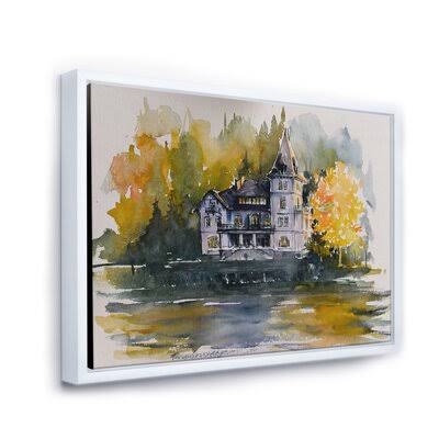 Castle by The Lake with Autumn Trees - Painting on Canvas East Urban Home Format: White Framed Canvas, Size: 24x22 H x 32x22 W x DEK5_I8UWQ17